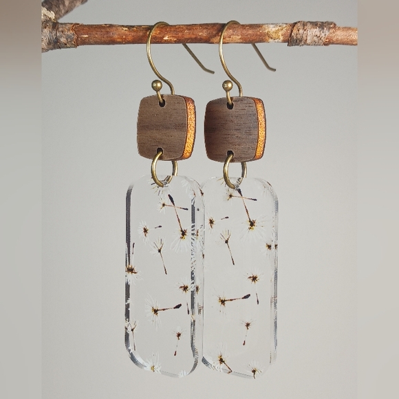 HAND CRAFTED EARRINGS Wood Acrylic Dandelion Statement Dangle Drop - Picture 4 of 7